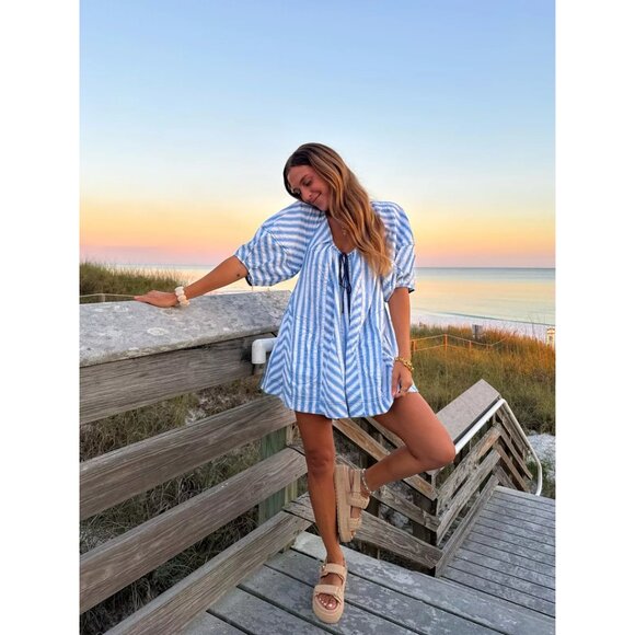 FREE PEOPLE Bop Around Stripe Romper in Oxford Combo Size Large - Picture 3 of 15